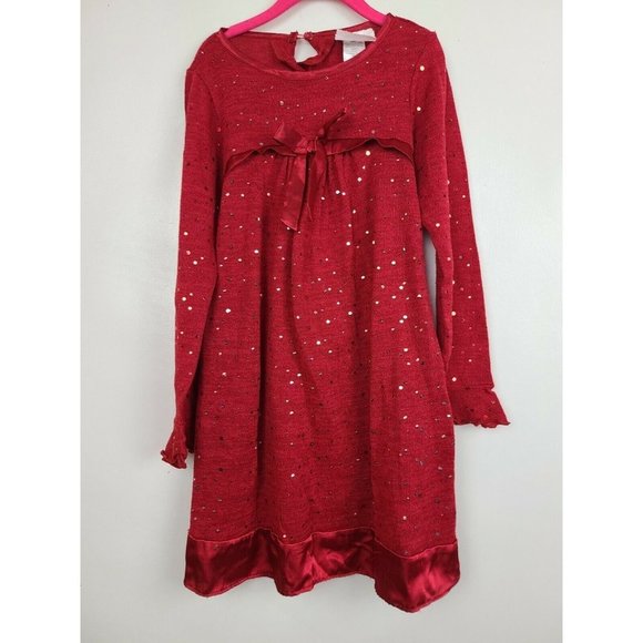 Dollie and Me Other - 𝅺Dollie and Me Girls Dress Size 8 Red Bell Long Sleeve Bow Detail Sequined Flar